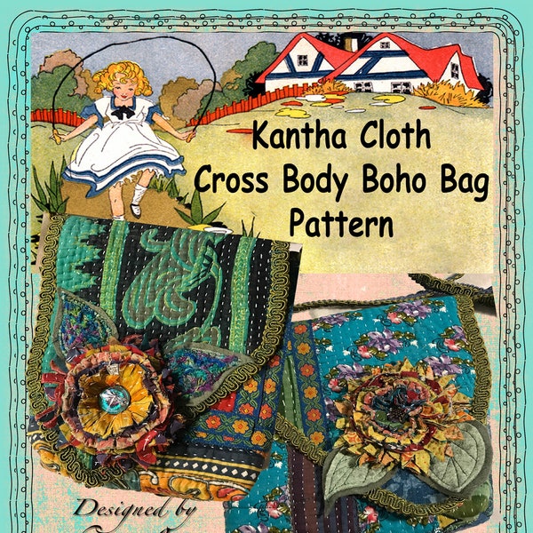 Gypsy Purse PATTERN, Boho Bag, Kantha Cloth, or heavy fabric, Cross Body Purse, Approx 7x9", Quick-EASY PATTERN