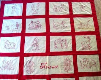 95CENT SALE, Vintage Redwork Embroidery FLORENCE,  Quilt Pattern, Hand Embroidery, Red work Patterns, Vintage Redwork Pattern