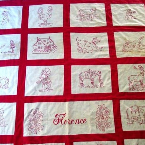 95CENT SALE, Vintage Redwork Embroidery FLORENCE,  Quilt Pattern, Hand Embroidery, Red work Patterns, Vintage Redwork Pattern