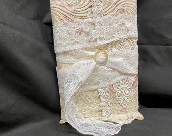 Handmade Gift, Waterfall Junk Journal, Unique Lined Journal pages, Wallpaper tags, custom envelopes, wraparound Antique Lace Cover
