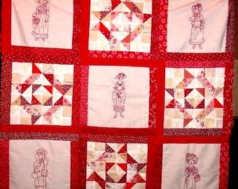 Patrón de bordado vintage Redwork: diseño de colcha cosida a mano inspirado en Kate Greenaway Diseño único Historia Costura