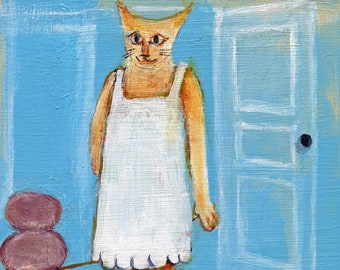 Cat in a blue room, print mounted on wood panel