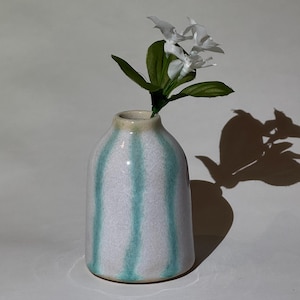 Handmade White Ceramic Bud Vase, Reed Diffuser Vase, Aqua Green Stripes Pottery Vase, refillable diffuser container, Center piece vase