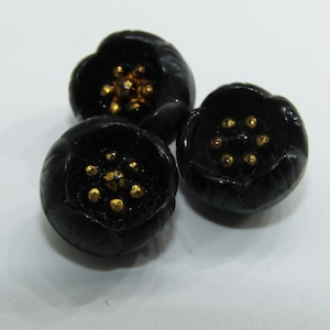 Set of 3 Adorable Tulip Buttons Vintage Buttons Antique Buttons Black Buttons Black and Gold Flower Buttons