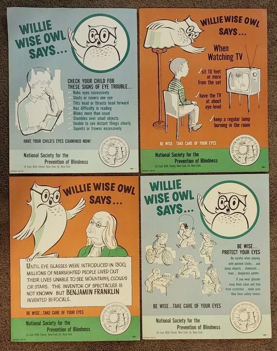 Set of 4 Mid Century Vintage Medical Posters Teaching Aids National Society for the Prevention of Blindness Willie Wise Owl