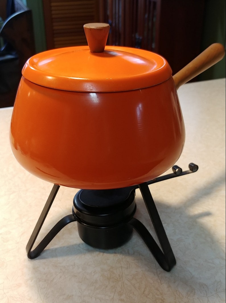 Vintage 1970s ORANGE made in Japan Fondue Pot Sauce Pot enamelware with stand