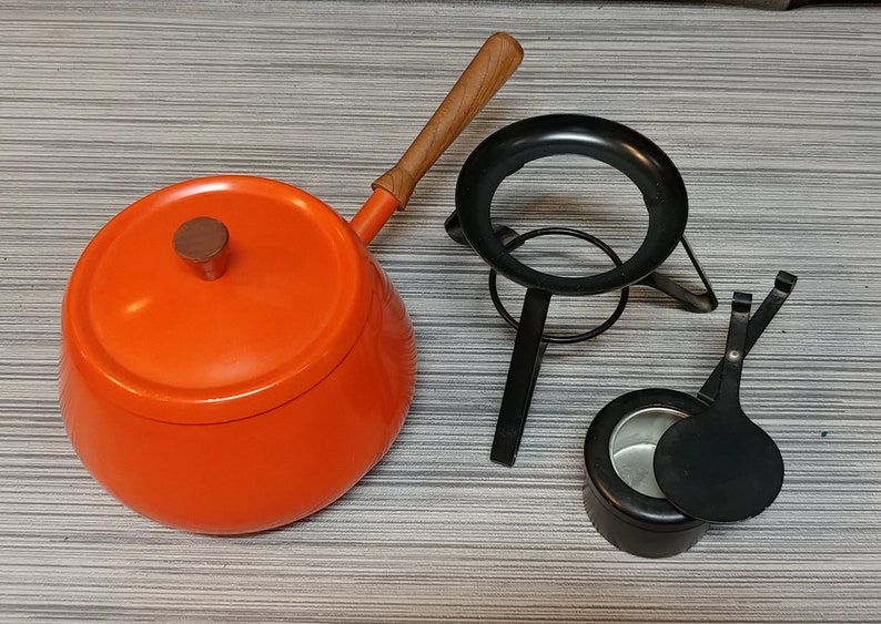 Vintage 1970s ORANGE made in Japan Fondue Pot Sauce Pot enamelware with stand