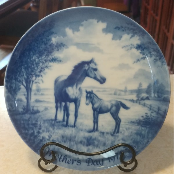 Vintage Kaiser Mother's Day Plate Blue and White Mare and Foal Porcelain 1971