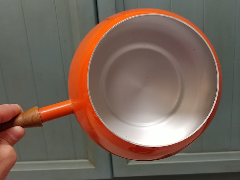 Vintage 1970s ORANGE made in Japan Fondue Pot Sauce Pot enamelware with stand