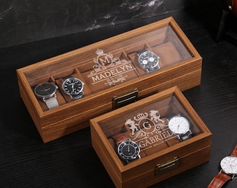 Uhrenbox mit Gravur aus Holz, Uhrenbox mit Gravur, Uhrenbox mit Gravur, Geschenk für Mann Vater, Jahrestag Geburtstagsgeschenk für Männer
