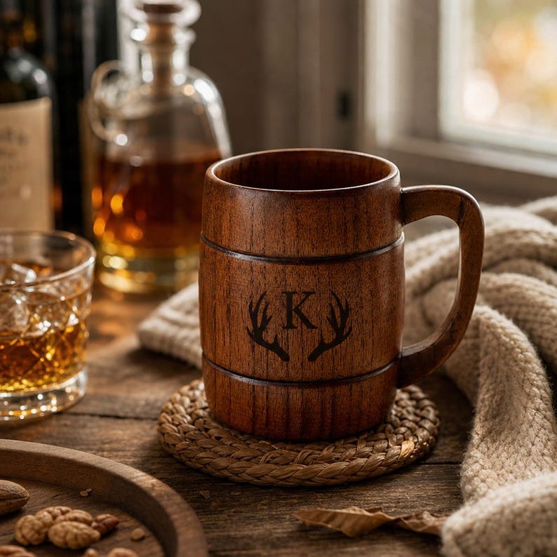 Design Letter R. Wood Personalized Jujube Wood Whiskey Tumbler, Custom Engraved Bourbon Cup ...