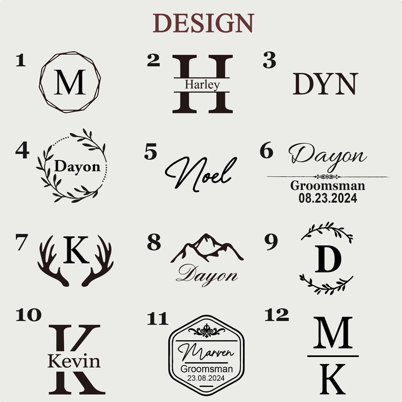 K&ouml;nnte beinhalten: Zw&ouml;lf verschiedene Designs f&uuml;r personalisierte Monogramm-Logos. Die Designs beinhalten verschiedene Schriftarten, Stile und Elemente, darunter Initialen, Namen und dekorative Verzierungen.