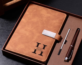 Individuell graviertes Notizbuch mit Stift, Leder-Notizbuch-Set, Dankeschön-Geschenk, passender Stift, benutzerdefinierte Abschlussgeschenke, neuer Jobgeschenk
