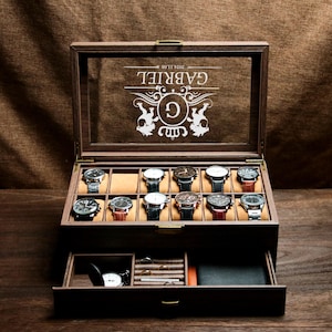 Gepersonaliseerd horloge opbergdoos met 12 slots, cadeaus bruidsjonkers, aangepaste horlogedoos voor mannen, horlogekast, jubileumcadeau voor echtgenoot vriend vader