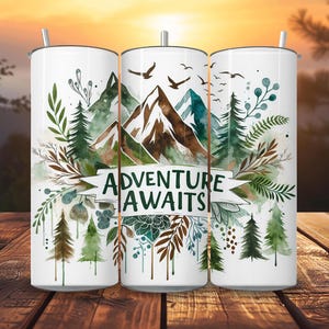 20oz Adventure Awaits Tumbler - Mountain Camping Travel Mug, Hiking Gift
