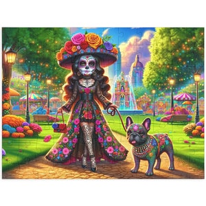 Jigsaw Puzzle (96, 252, 500, 1000-Piece) Colorful Puzzle of La Catrina walking a French Bulldog Jigsaw Puzzle Gift Brain Game Family Puzzle