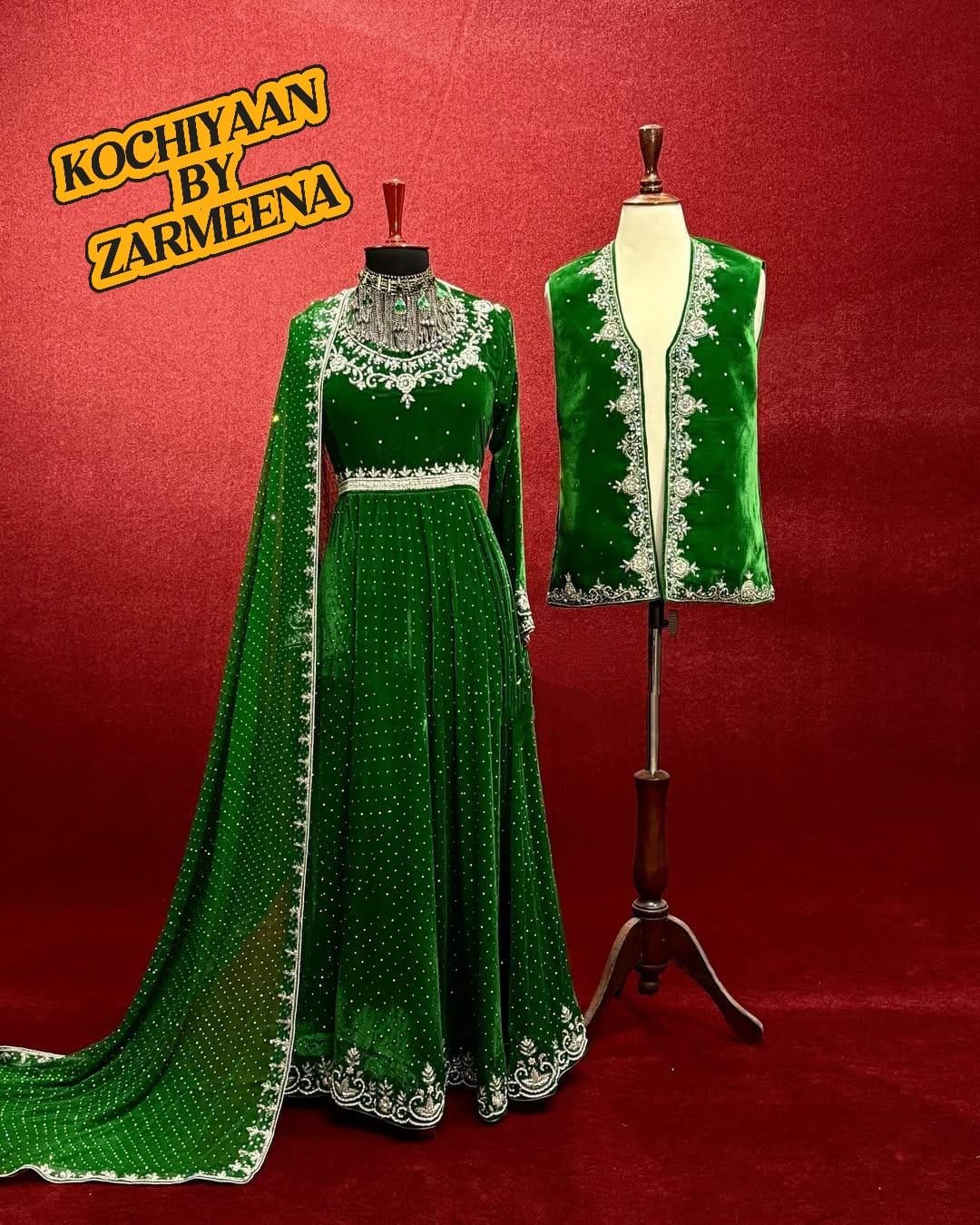 Green nikkah handmade couple kochi afghan bridal dress and wasket