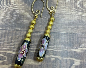 Vintage Style Chinese Cloisonne Tube Earrings