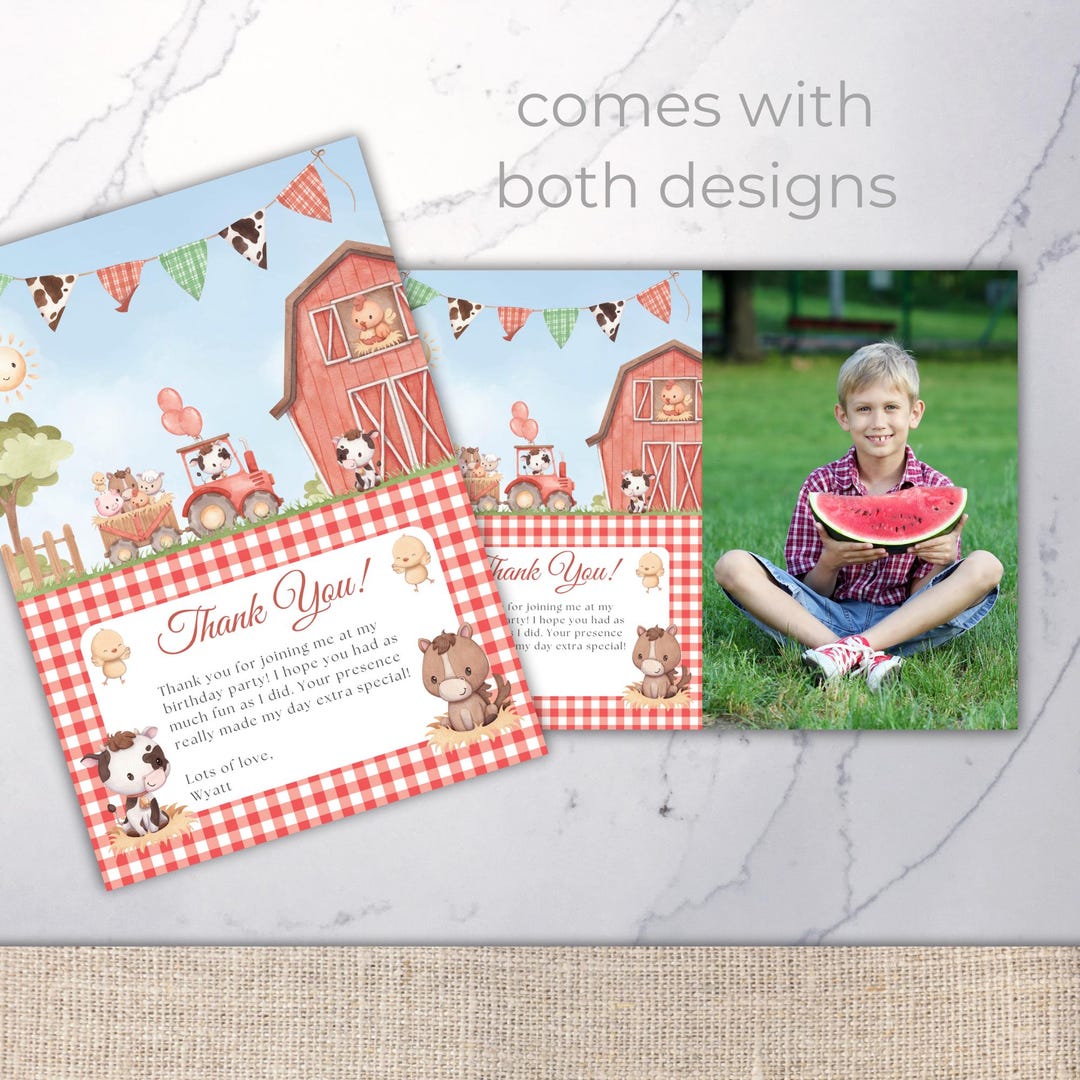 Farm Thank You Card Editable Template, Farm Animal, Red Barn Birthday ...