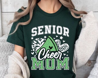 Senior Cheer Mom Era T-Shirt, Green Faux Glitter Design