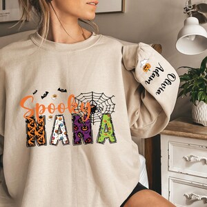 Custom Halloween Spooky Nana Sweatshirt with Kids Name on Sleeve Sweatshirt, Cool Mama Halloween Sweatshirt, Mama Halloween Gift,Custom Mama