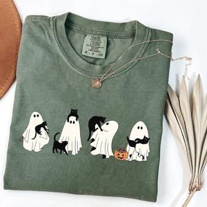 Halloween Black Cat & Ghost Comfort Colors Shirt, Halloween Ghost Tshirt, Spooky Season Cat Tee, Halloween Cute Women Outfit, Halloween Gift