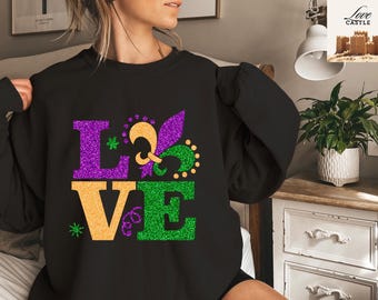 LOVE Mardi Gras Sweatshirt, Louisiana Mardi Gras Sweater, Mardi Gras Gift, Louisiana Crewneck Sweatshirt