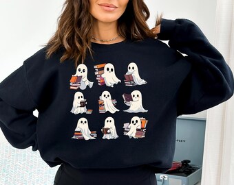 Retro Ghost Reading Books Sweatshirt, Librarian Ghost Halloween, Halloween Teacher Sweatshirt, Halloween Shirt, Teacher Gift, Boo School