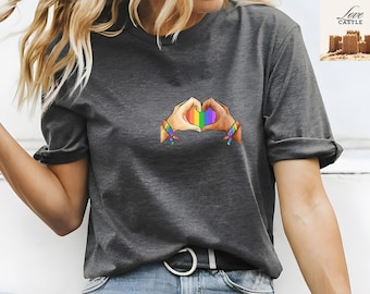 Love is Love T-Shirt, Rainbow Heart Hands, LGBTQ Pride Tee