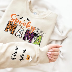 Custom Halloween Spooky Mama Sweatshirt with Kids Name on Sleeve Sweatshirt, Cool Mama Halloween Sweatshirt, Mama Halloween Gift,Custom Mama