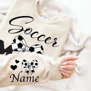 Personalize Soccer Mom Kids Name On Sleeve Sweatshirt, Mom Soccer Sweater, Soccer Mama Shirt, Gift for Soccer Mom, Fall Soccer Season Shirt