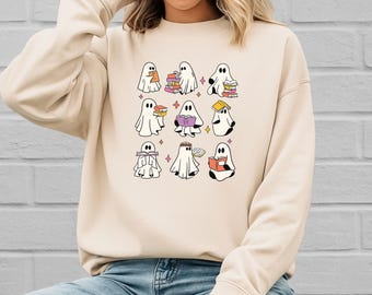 Retro Ghost Reading Books Sweatshirt, Librarian Ghost Halloween, Halloween Teacher Sweatshirt, Halloween Shirt, Teacher Gift, Boo School