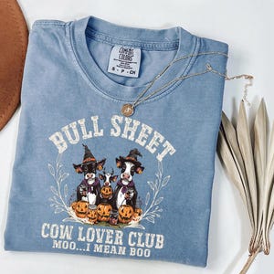 May include: A blue short-sleeve t-shirt featuring a graphic of three cows wearing witch hats surrounded by pumpkins. The text reads BULL SHEET, COW LOVER CLUB, and MOO...I MEAN BOO. The shirt has a Comfort Colors label in the neck area.