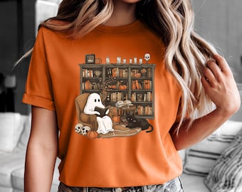 Retro Ghost Reading Shirt – Librarian Halloween Shirt, Teacher Halloween Shirt, Spooky School Tee, Teacher Gift, Boo Books Shirt