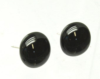 Black Stud Earrings, Sterling Silver Posts, Fused Glass