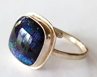 Sterling Silver Ring, Dichroic Glass, Wrap Around Design, Adjustable