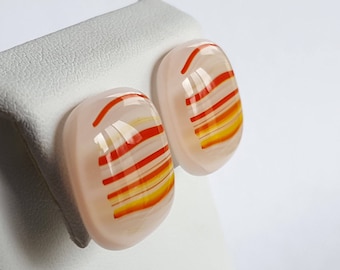 Clip-On Earrings, Fused Glass, Orange and Yellow Striped