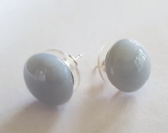 Grey Post Earrings, Sterling Silver Posts, Fused Glass