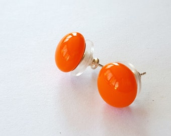 Orange Stud Earrings, Fused Glass, Sterling Silver Post