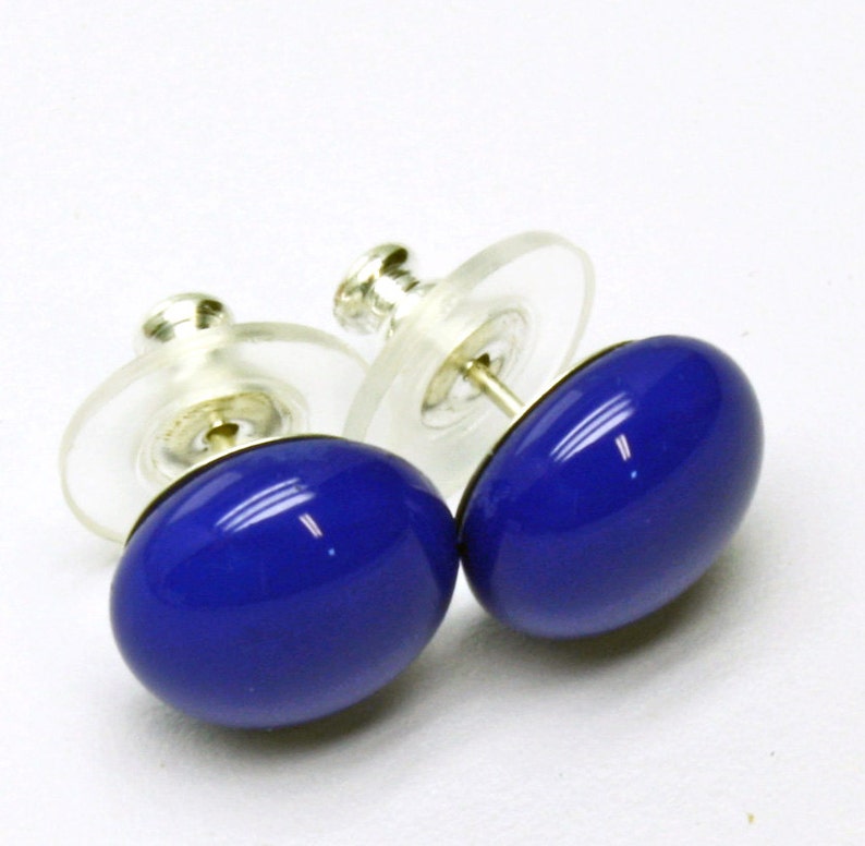 Navy Blue Stud Earrings, Sterling Silver Post, Fused Glass image 4