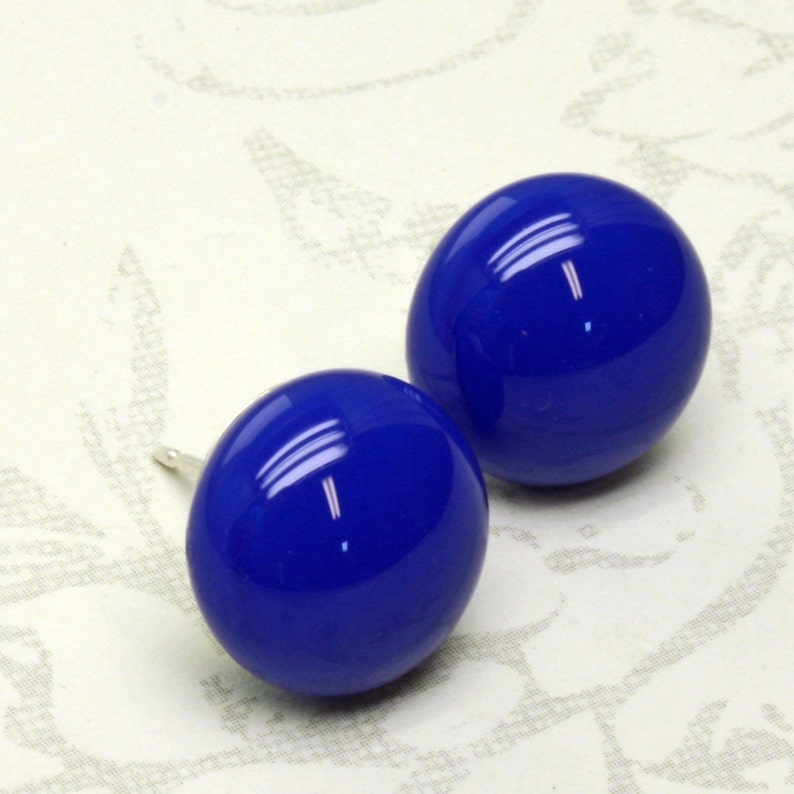 Navy Blue Stud Earrings, Sterling Silver Post, Fused Glass image 5