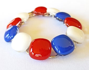 Link Bracelet, Red White and Blue, Fused Glass,