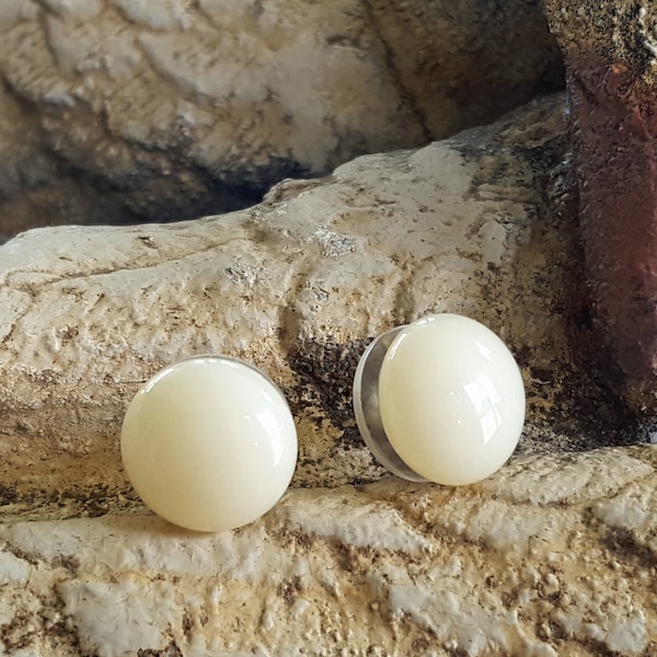 Ivory Stud Earrings, Sterling Silver Posts, Fused Glass