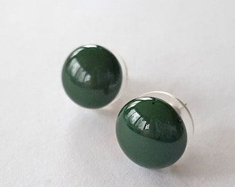 Green Stud Earrings, Fused Glass, Sterling Silver Posts