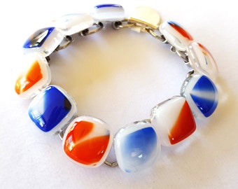 Red White and Blue Link Bracelet, Fused Glass