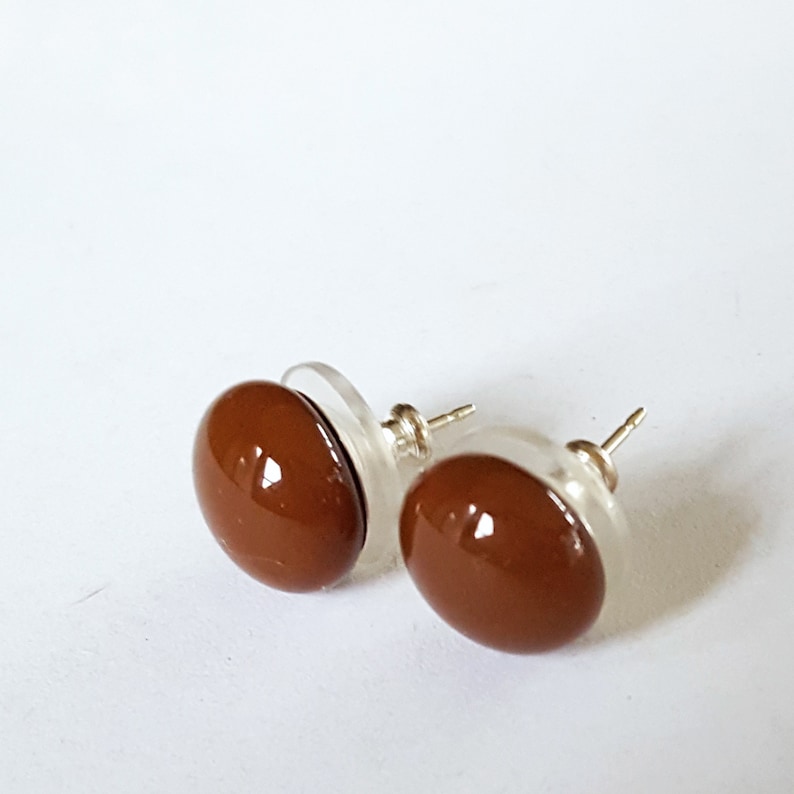 Brown Stud Earrings, Sterling Silver Posts, Fused Glass image 1