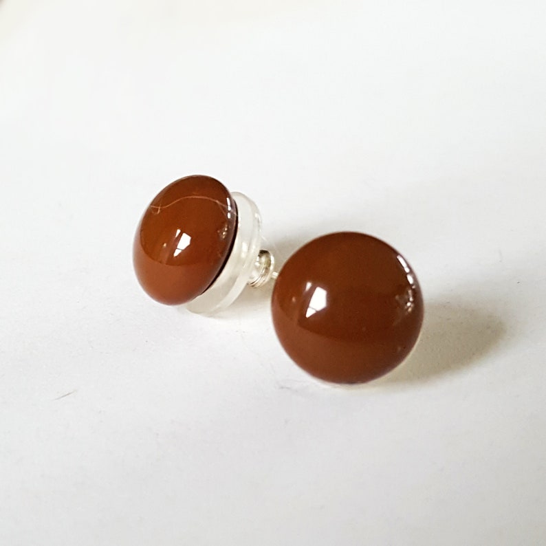 Brown Stud Earrings, Sterling Silver Posts, Fused Glass image 3