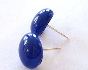 Navy Blue Stud Earrings, Sterling Silver Post, Fused Glass