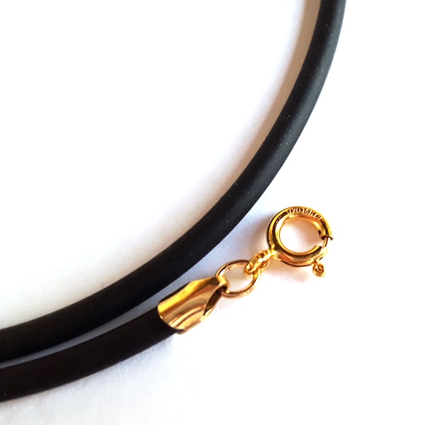 Black Rubber Cord Necklace, 3mm, Gold Filled Clasp, Interchangeable, 16", 18", 20", 22", 24",28",36"