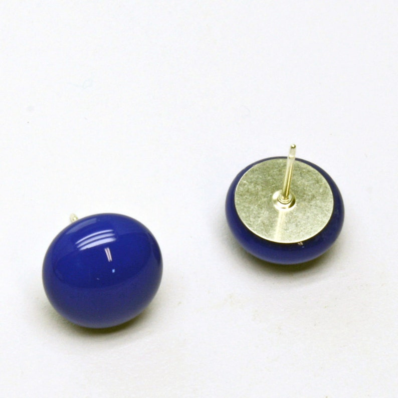 Navy Blue Stud Earrings, Sterling Silver Post, Fused Glass image 3